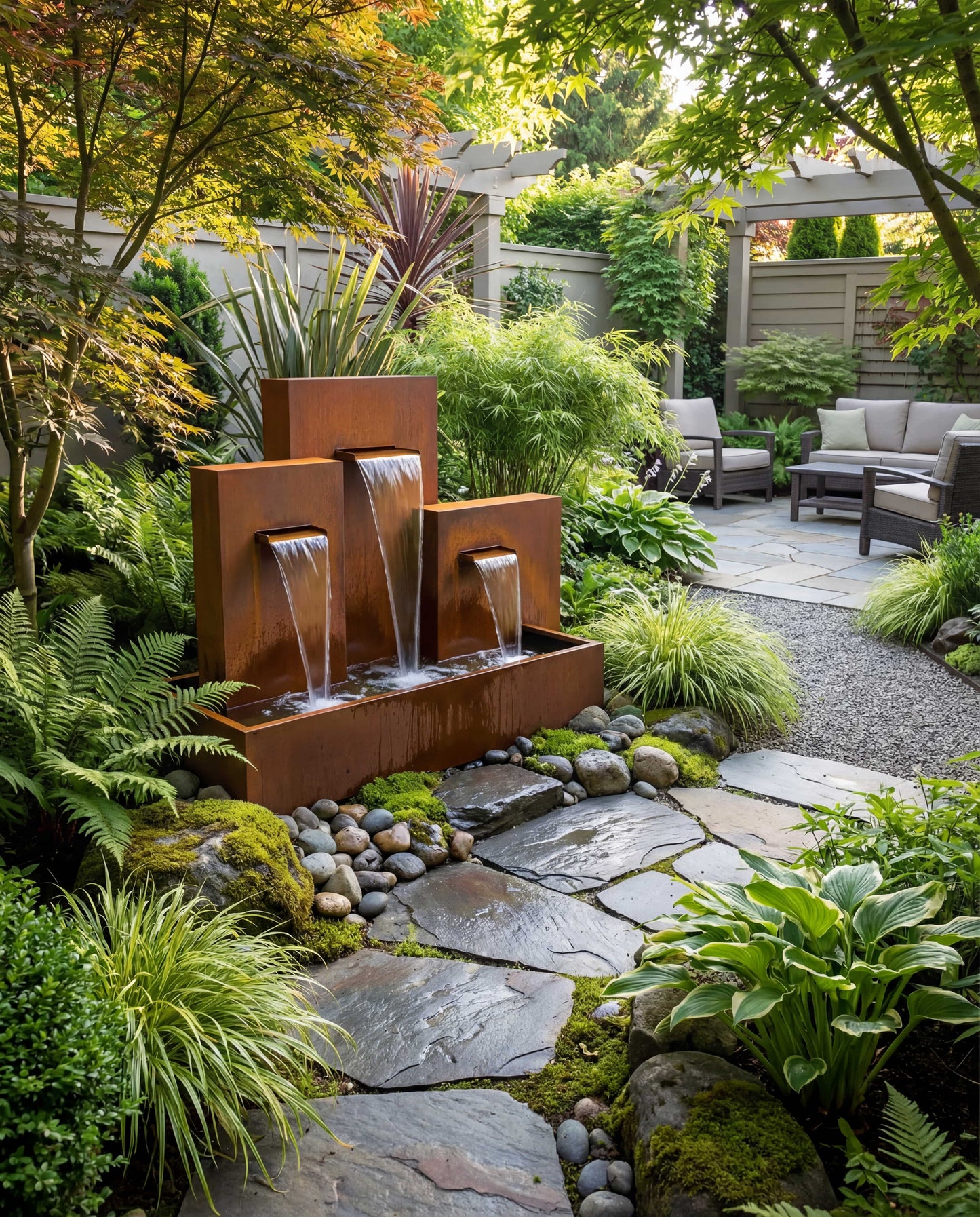 CW300 Corten Büyük Bahçeler İçin Üç Kademeli Şelale Damla Waterfall Designs