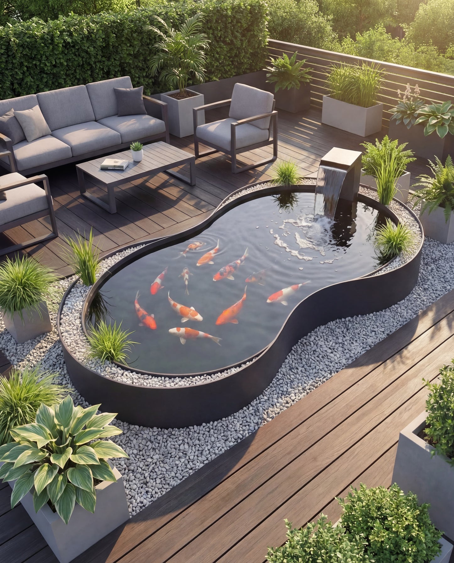 Heykelsi Koi Göleti Su Özelliği – 316L Paslanmaz Çelik Damla Waterfall Designs